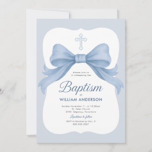 Blue Bow Boy Baptism Invitation with Cross Wreath