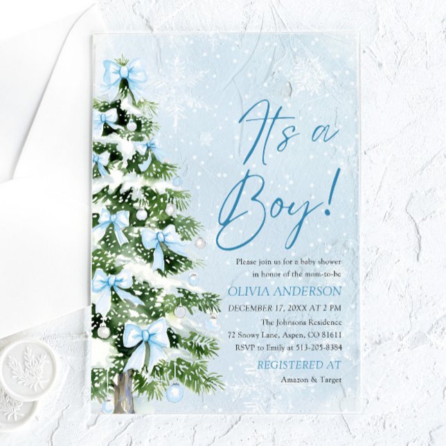 Blue Bow Boy Christmas Tree Oh Baby Baby Shower  Acrylic Invitations (Blue Bow Christmas Tree It's a Boy Baby Shower Acrylic Invitations)