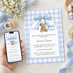 Blue bow boy gingham teddy bear Baby Shower Invitation