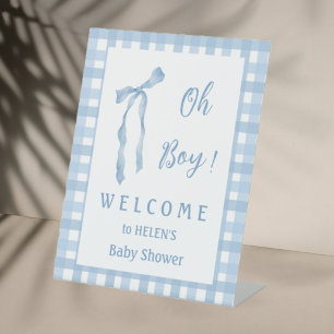 Blue bow boys baby shower cute plaid welcome sign