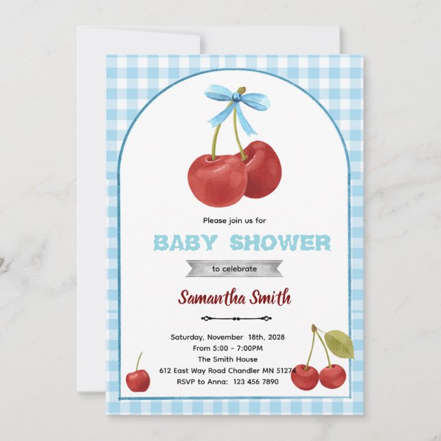 Blue bow cherry party invitation (Front)