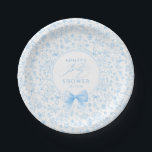 Blue Bow Chinoiserie Wildflowers Baby Shower  Paper Plate<br><div class="desc">This lovely baby shower paper plate features a soft pastel blue palette and a delicate coquette-inspired bow that creates an elegant focal point. The design is surrounded by whimsical line illustrations of birds, wildflowers, butterflies and tiny ribbons, giving it a romantic storybook garden feel that aligns beautifully with popular vintage...</div>