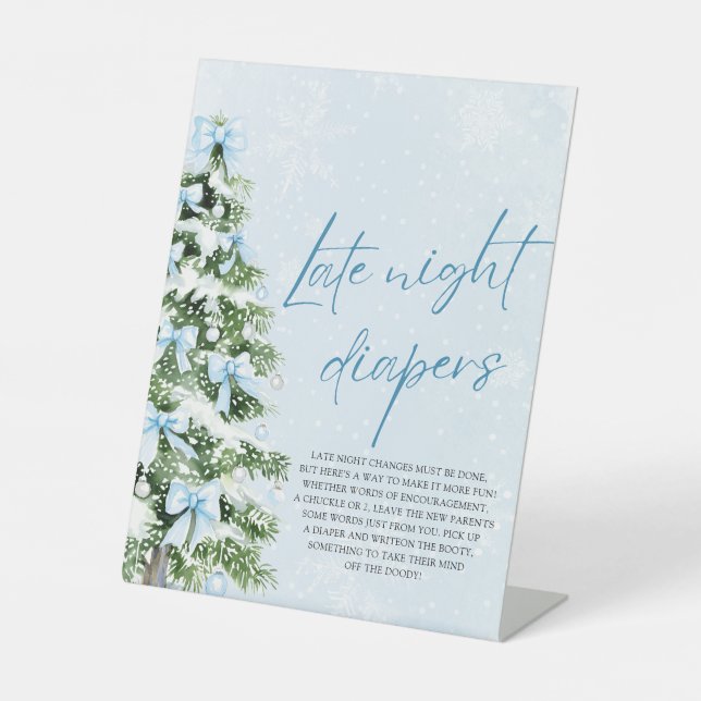 Blue Bow Christmas Baby Shower Late Night Diapers  Pedestal Sign (Front)