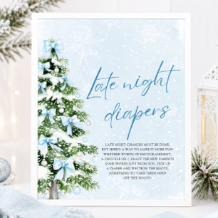 Blue Bow Christmas Baby Shower Late Night Diapers Poster