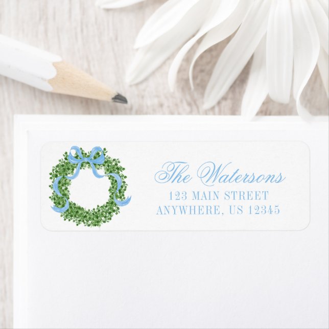 Blue Bow Christmas Boxwood Wreath Address (Insitu)