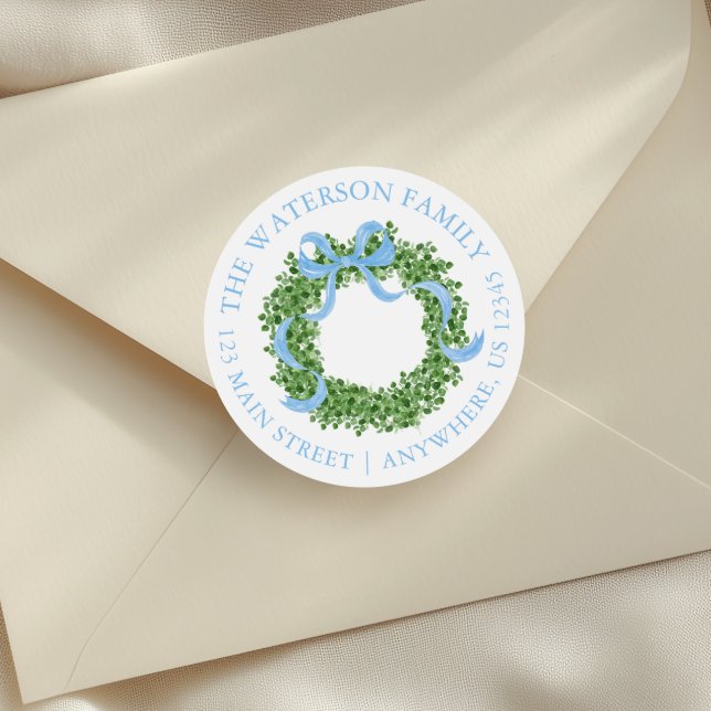 Blue Bow Christmas Boxwood Wreath Address Classic Round Sticker (Creator Uploaded)