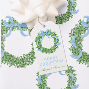 Blue Bow Christmas Boxwood Wreath Gift Tags