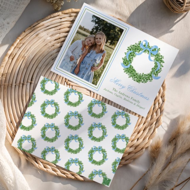 Blue Bow Christmas Boxwood Wreath Photo Holiday Card (Creator Uploaded)