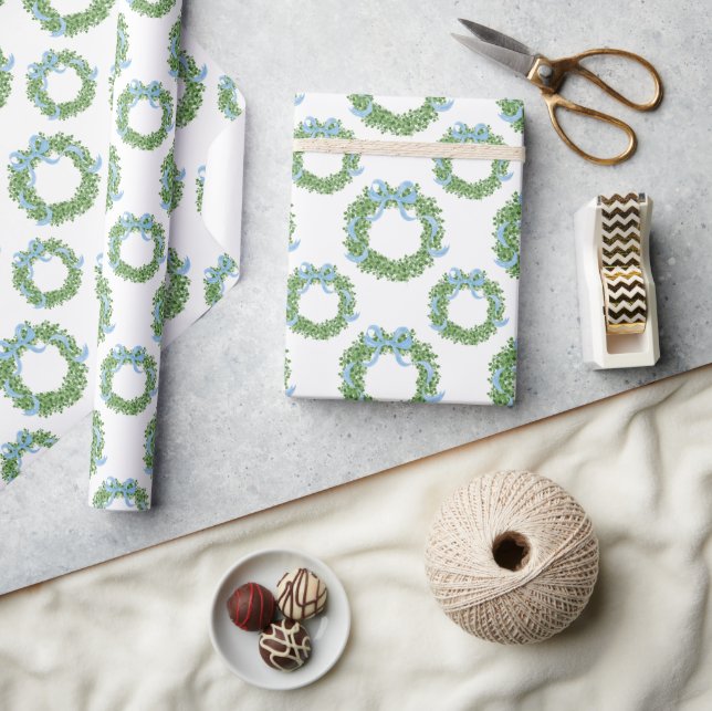 Blue Bow Christmas Boxwood Wreath Wrapping Paper (Crafts)