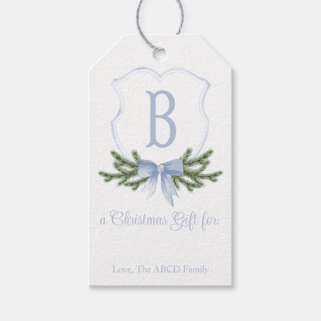 Blue Bow Christmas Crest Gift Tag - B (Front)