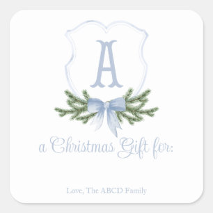 Blue Bow Christmas Crest Sticker Gift Tag - A