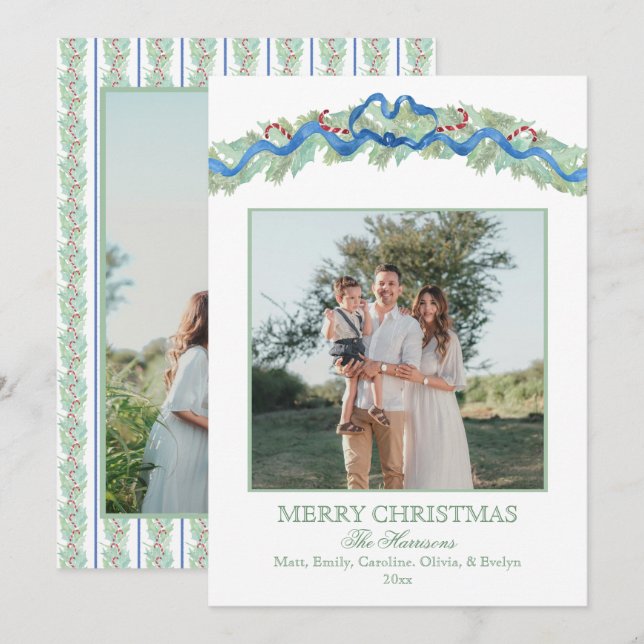 Blue Bow Christmas Garland Nutcracker 2 Photos Holiday Card (Front/Back)