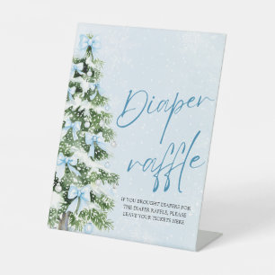 Blue Bow Christmas Tree Baby Shower Diaper Raffle Pedestal Sign