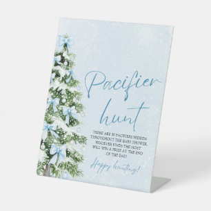 Blue Bow Christmas Tree Baby Shower Pacifier Hunt Pedestal Sign