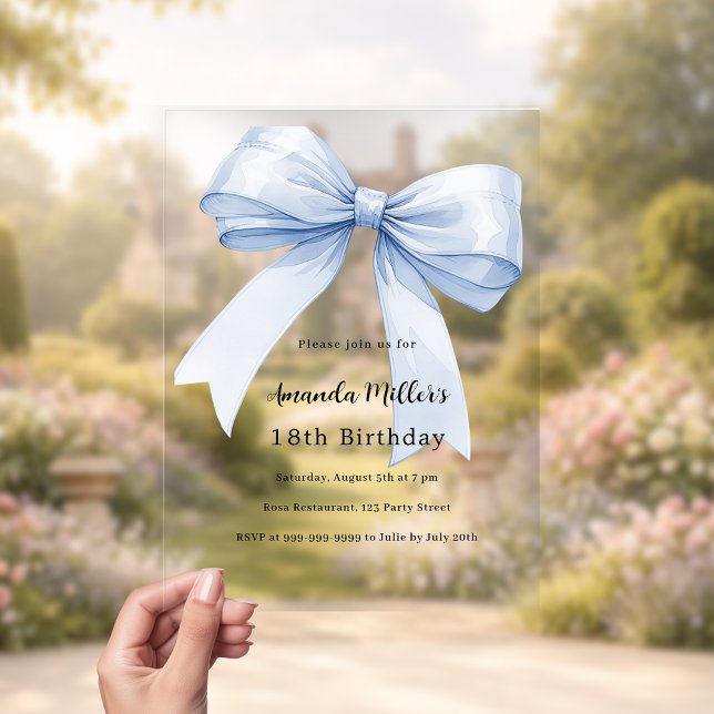 Blue bow clear birthday acrylic invitations (Creator Uploaded)