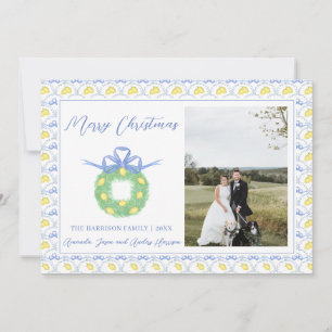 Blue Bow Coastal Christmas Grandmillenial Photo H Holiday Card