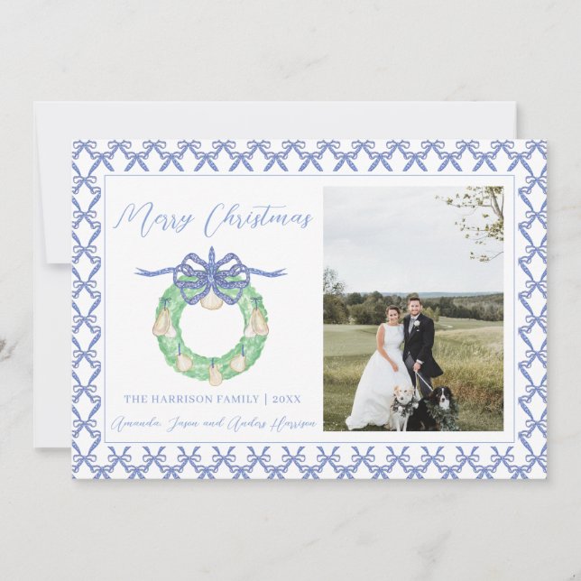 Blue Bow Coastal Christmas Grandmillenial Photo  Holiday Card (Front)
