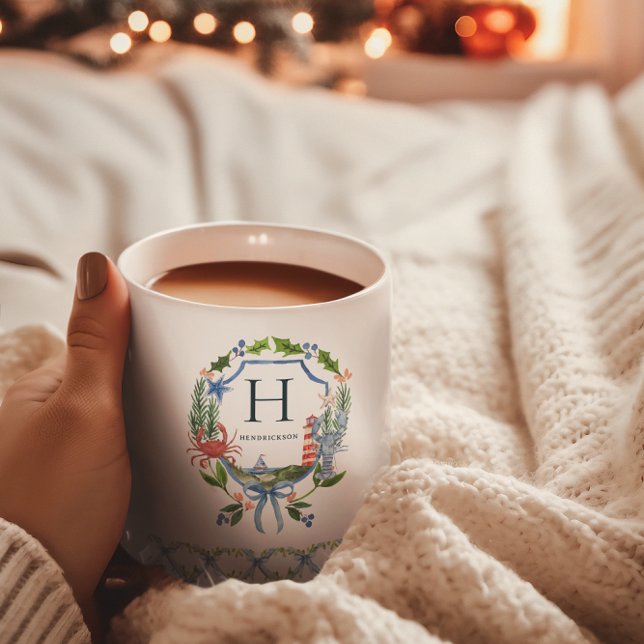 Blue Bow Coastal Christmas Nautical Monogram Coffee Mug (Creator Uploaded)