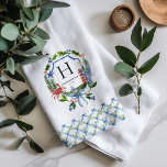 Blue Bow Coastal Christmas Nautical Monogram Kitchen Towel<br><div class="desc">Bring elegant seaside charm to your kitchen with this personalized coastal Christmas tea towel. Featuring a watercolor wreath of festive greenery, a crab, lighthouse, and nautical details tied together with a blue bow, this design frames your monogram beautifully. The patterned border adds a refined touch, perfect for coquette grandmacore holiday...</div>