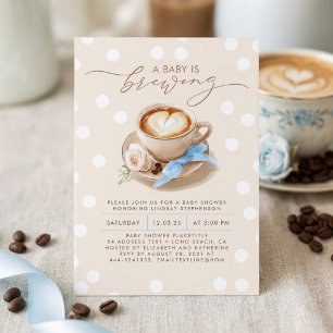 Blue Bow Coffee Baby Is Brewing Boy Baby Shower Invitation