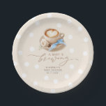 Blue Bow Coffee Baby Is Brewing Boy Baby Shower Paper Plate<br><div class="desc">A Latte Love: the “Baby Is Brewing” paper plate captures the essence of Café Core and Coquette charm. Designed in soft beige and light blue tones,  it perfectly complements your theme and enhances your table décor.</div>