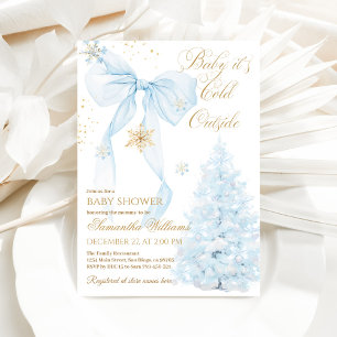 Blue Bow Cold Outside Boy Baby Shower Invitation