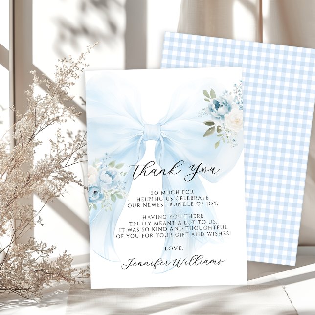 Blue Bow Coquette Baby in Bloom Boy Shower  Thank You Card (Creator Uploaded)