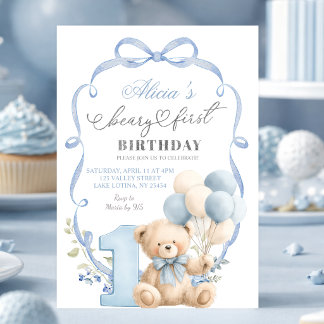 Blue Bow Coquette Beary First Birthday Invitation
