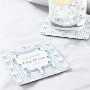 Blue Bow Coquette Blue Boy baby Shower Square Paper Coaster