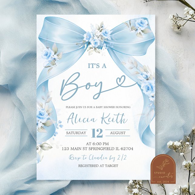 Blue Bow Coquette Boy baby shower Invitation (Creator Uploaded)