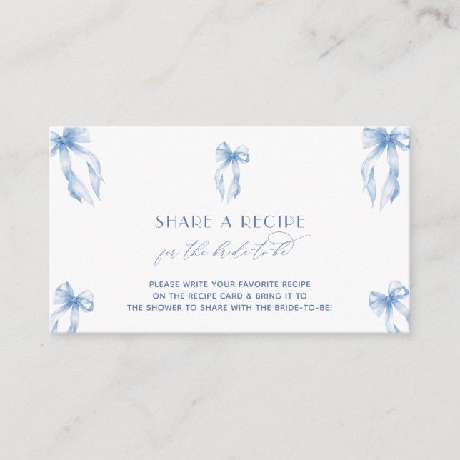 Blue Bow Coquette Bridal Shower Share A Recipe Enclosure Card (Front)