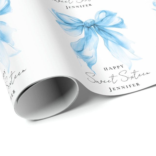 Blue Bow Coquette Script Sweet 16 Party  Wrapping Paper (Roll Corner)