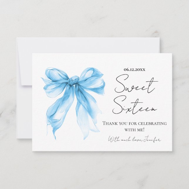 Blue Bow Coquette Script Sweet 16 Thank You  (Front)