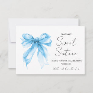 Blue Bow Coquette Script Sweet 16 Thank You Card