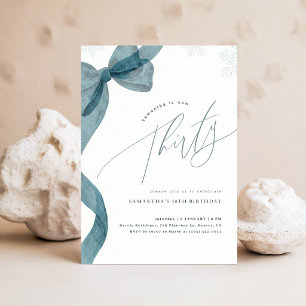 Blue Bow Coquette Winter Snowflake 30th Birthday Invitation