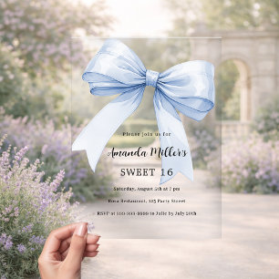 Blue bow cream beige elegant Sweet 16 clear Acrylic Invitations
