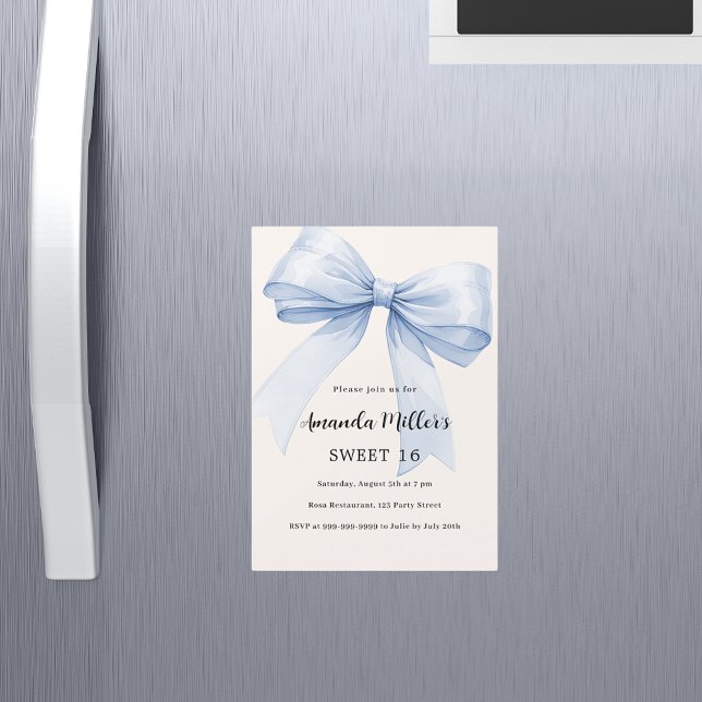 Blue bow cream beige elegant Sweet 16 luxury Magnetic Invitation (Creator Uploaded)