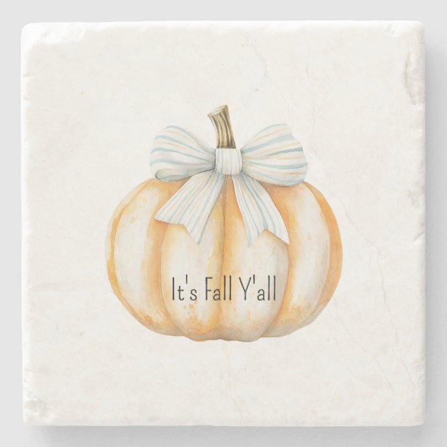 Blue Bow Cream Orange Pumpkin  Stone Coaster (Front)