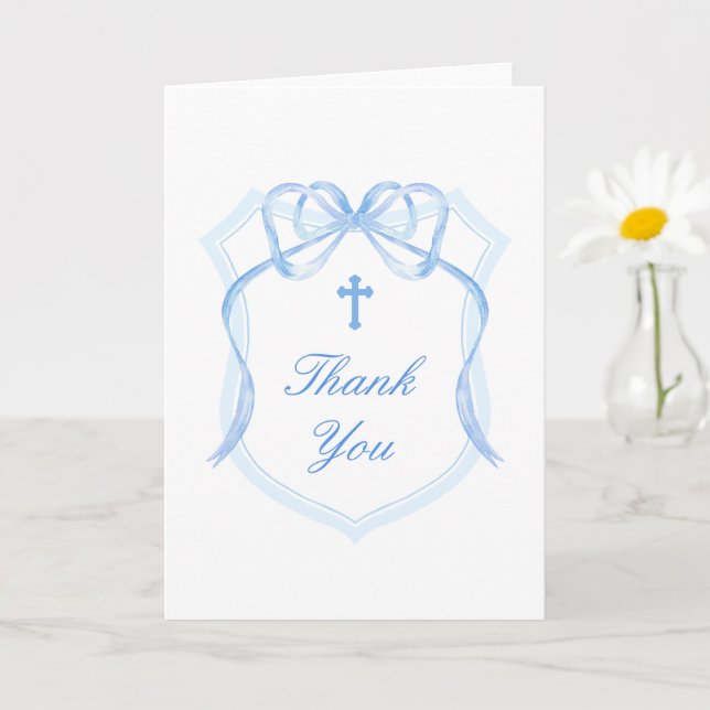 Blue Bow Crest Holy Cross Religious Thank You Card (Small Plant)