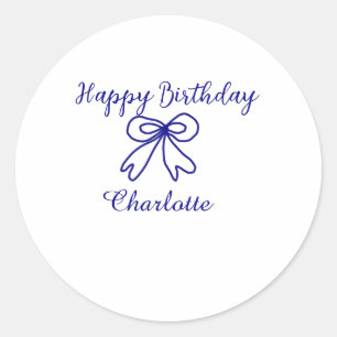 Blue bow CUTIE ADD NAME BABY happy birthday Classic Round Sticker