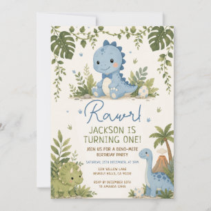 Blue Bow Dino Jungle Rawr Dinosaur 1st Birthday Invitation