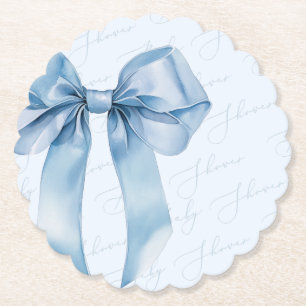 Blue Bow Elegant calligraphy Boy Baby Shower Paper Coaster