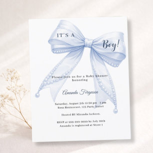 Blue bow elegant pearls boy Baby Shower invitation