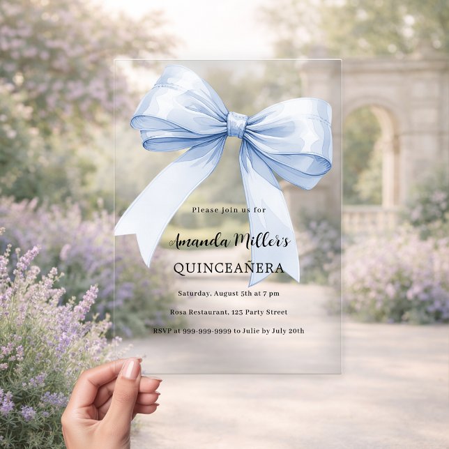 Blue bow elegant Quinceanera luxury clear Acrylic Invitations (Creator Uploaded)