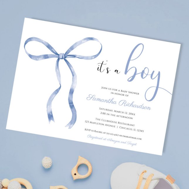 Blue bow elegant watercolor boy baby shower invitation (Creator Uploaded)