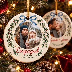 Blue Bow Engagement Garland Red Script 2 Photo Ceramic Ornament