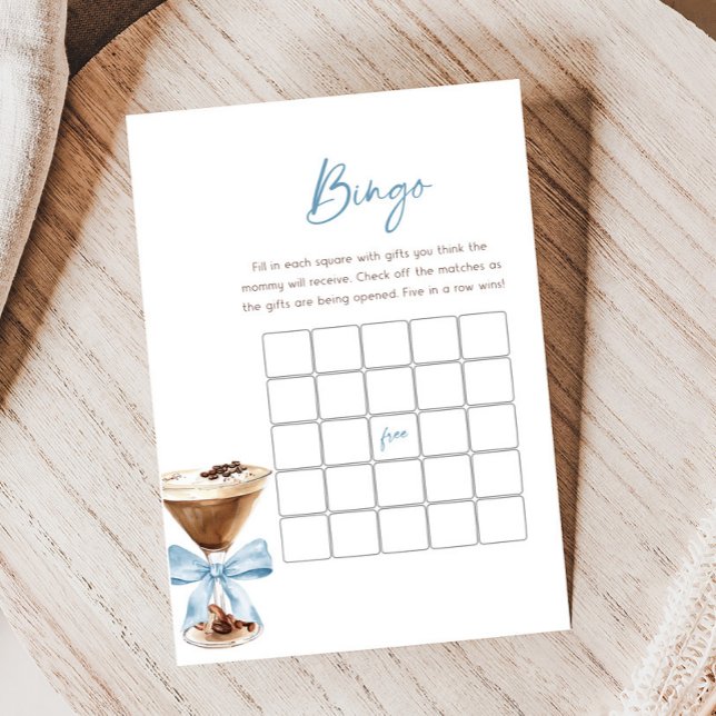 Blue Bow Espresso Martini Baby Shower Bingo Game (Espresso Baby Shower Game)