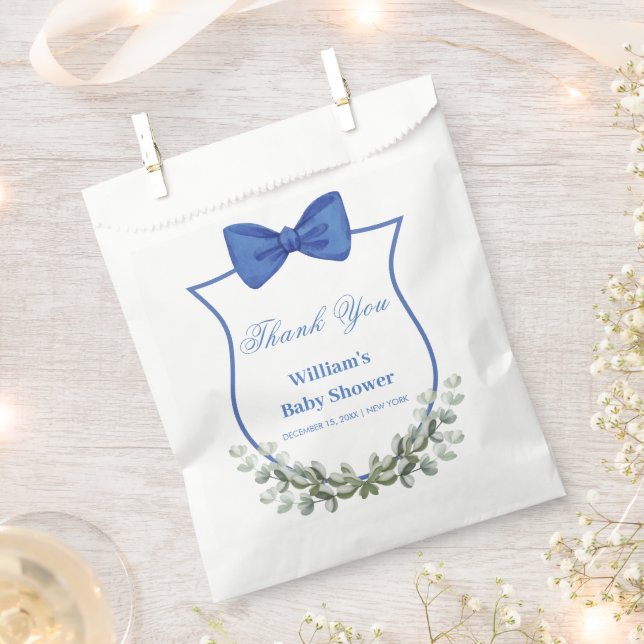 Blue Bow Eucalyptus Crest Baby Shower Thank You Favour Bag (Clipped)