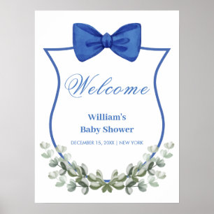 Blue Bow Eucalyptus Crest Baby Shower Welcome Poster