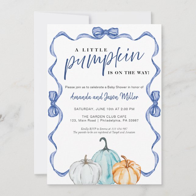 Blue Bow Fall Baby Shower Pumpkins elegant Save The Date (Front)
